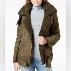 J.O.A Faux Suede Green/Cream Sherpa Lined Aviator Style Heavy Jacket, Medium